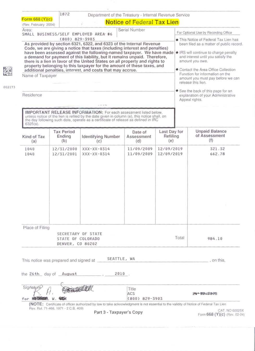 What does IRS lien look like? Form 668(y)(c) Answers to all IRS questions and IRS Collection Form 668 and Federal Tax Liens for Free Tax Legal Inquiry from J David Hopkins Colorado Springs Tax Attorney!!