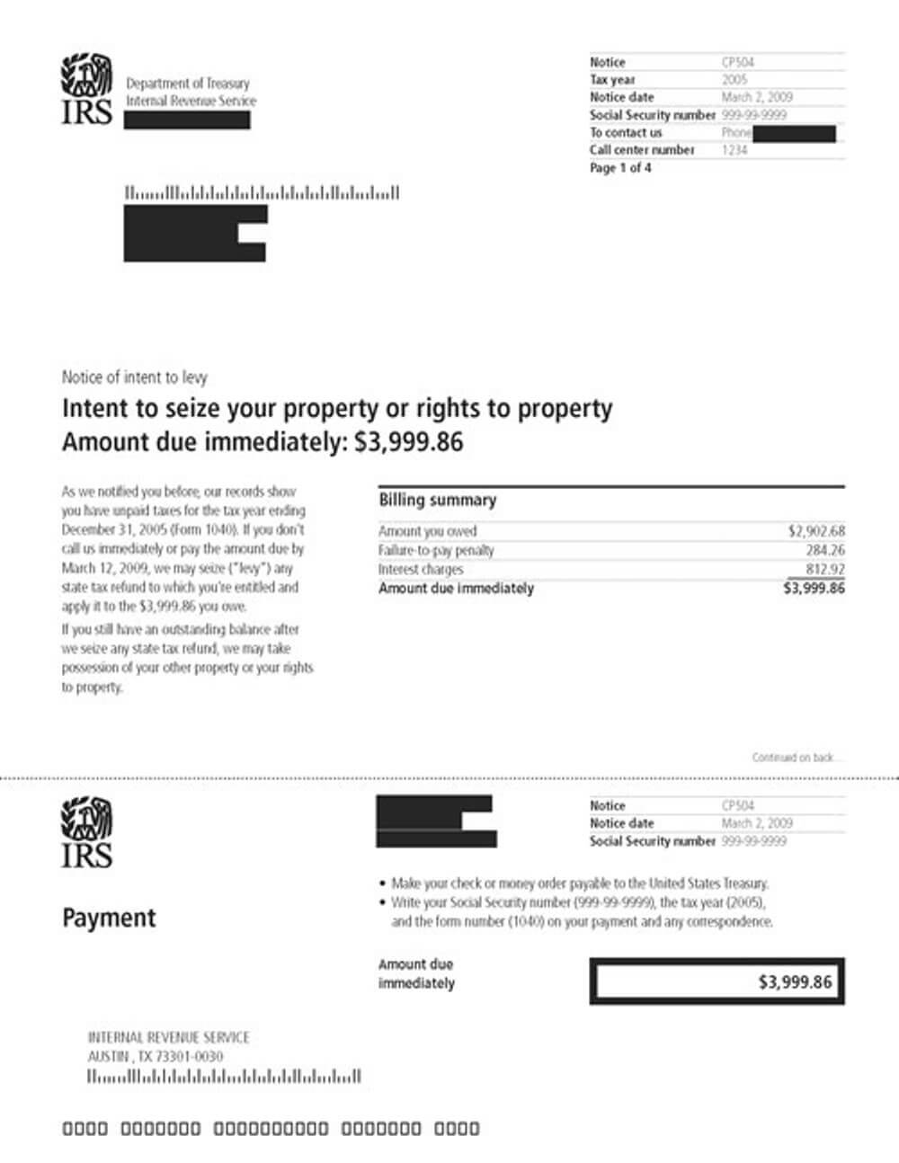www.irs.gov/cp504 - Understanding your CP54 Notice, You have an unpaid amount due on your account, If you do not pay the amount due immediately, the IRS will seize levy your state income tax refund and apply it to pay the amount you owe, Answers to Common Questions, What is the notice telling me? This notice is telling you that the IRS intend to issue a levy against your state tax refund because you still have a balance due on one of your tax accounts, You must consult with a Tax Attorney in Colorado Springs before you pay this amount immediately to avoid this, It is also telling you that the IRS will begin searching for other assets on which to issue a levy, The IRS may also file a Federal Tax Lien, if they have not already done so, What do I have to do? Ask J David Hopkins before you Pay the amount due shown on the notice, E-mail or contact J David Hopkins before you make an IRS payment in the envelope they sent you, Include the bottom part of the notice to make sure we correctly credit your account, If you cant pay the whole amount now, call J David Hopkins at the number printed at the top of the notice to see if you qualify for an installment agreement, How much time do I have? You must pay your balance due by the due date shown on your notice, What happens if I do nut pay or contact the IRS? If you do not pay the amount due, we may seize levy any state tax refund to which you are entitled, This is your notice of intent to levy as required by Internal Revenue Code section 6331d, If you still have an outstanding balance after we seize levy your state tax refund, we may send you a notice giving you a right to a hearing before the IRS Office of Appeals, if you have not already received such a notice, We may then seize levy or take possession of your other property or your rights to property, Property includes Wages, real estate commissions, and other income, Bank accounts, Business assets,Personal assets including your car and home,Social Security benefits, If you do not pay the amount due or call us to make payment arrangements, we can file a Notice of Federal Tax Lien on your property at any time, if we have not already done so, If the lien is in place, you may find it difficult to sell or borrow against your property, The tax lien would also appear on your credit report which may harm your credit rating and your creditors would also be publicly notified that the IRS has priority to seize your property, Who should I contact?,If you have any questions about the notice, call J David Hopkins us at the number printed at the top of the notice.